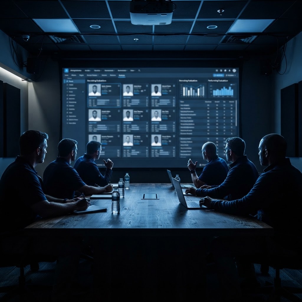 College coaching staff reviewing athlete evaluation film during a recruiting meeting