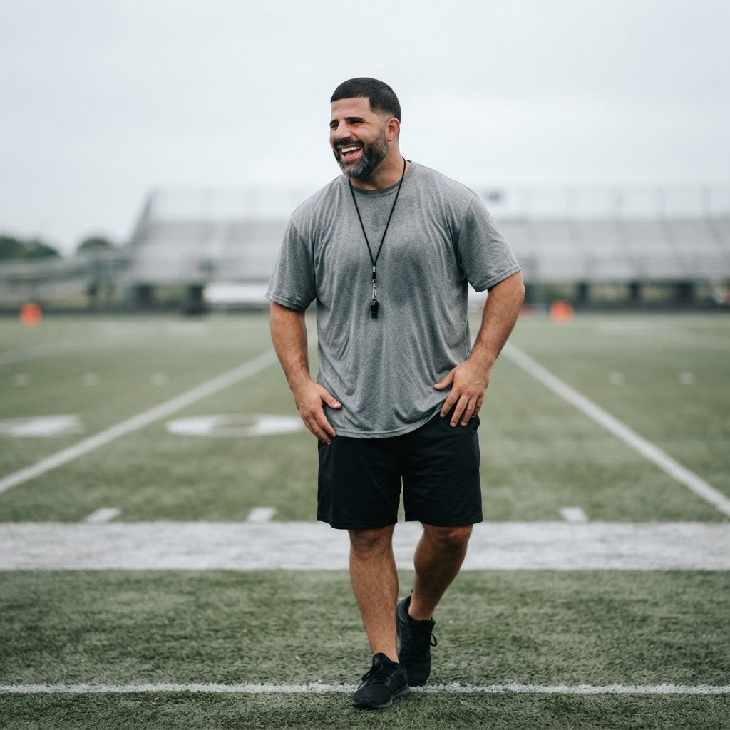 Coach with a whistle walking a football field and smiling