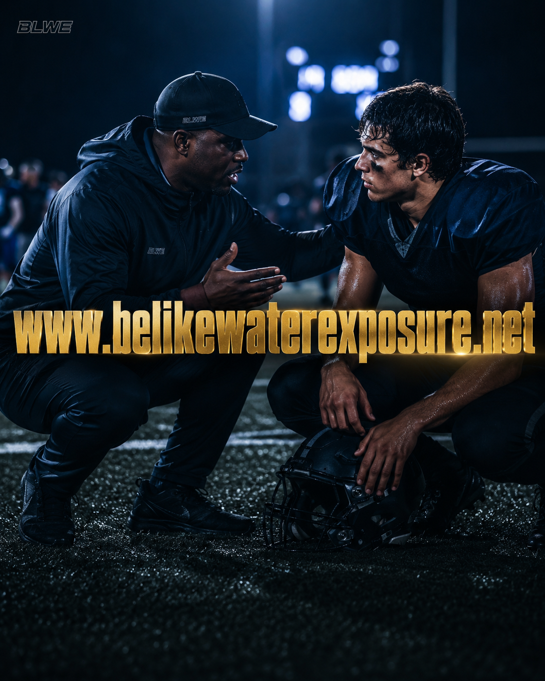 Football coach speaking with an athlete after a game