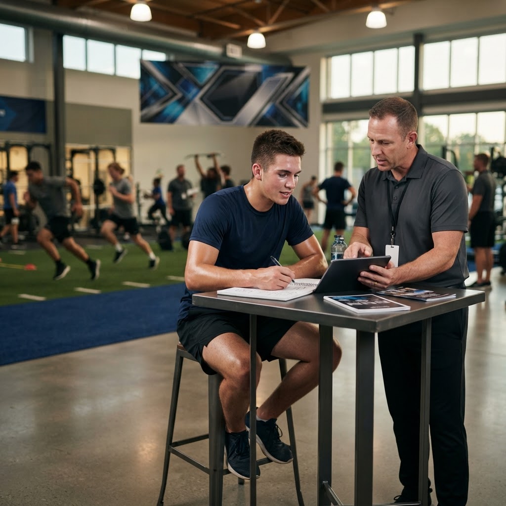 A coach and a student athlete reviewing notes at a high table inside a sports training facility.