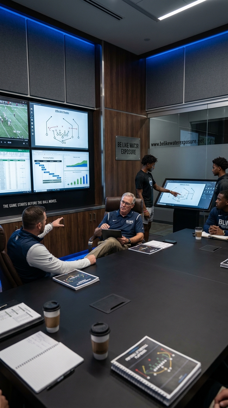 Football staff and athletes reviewing play design and performance information