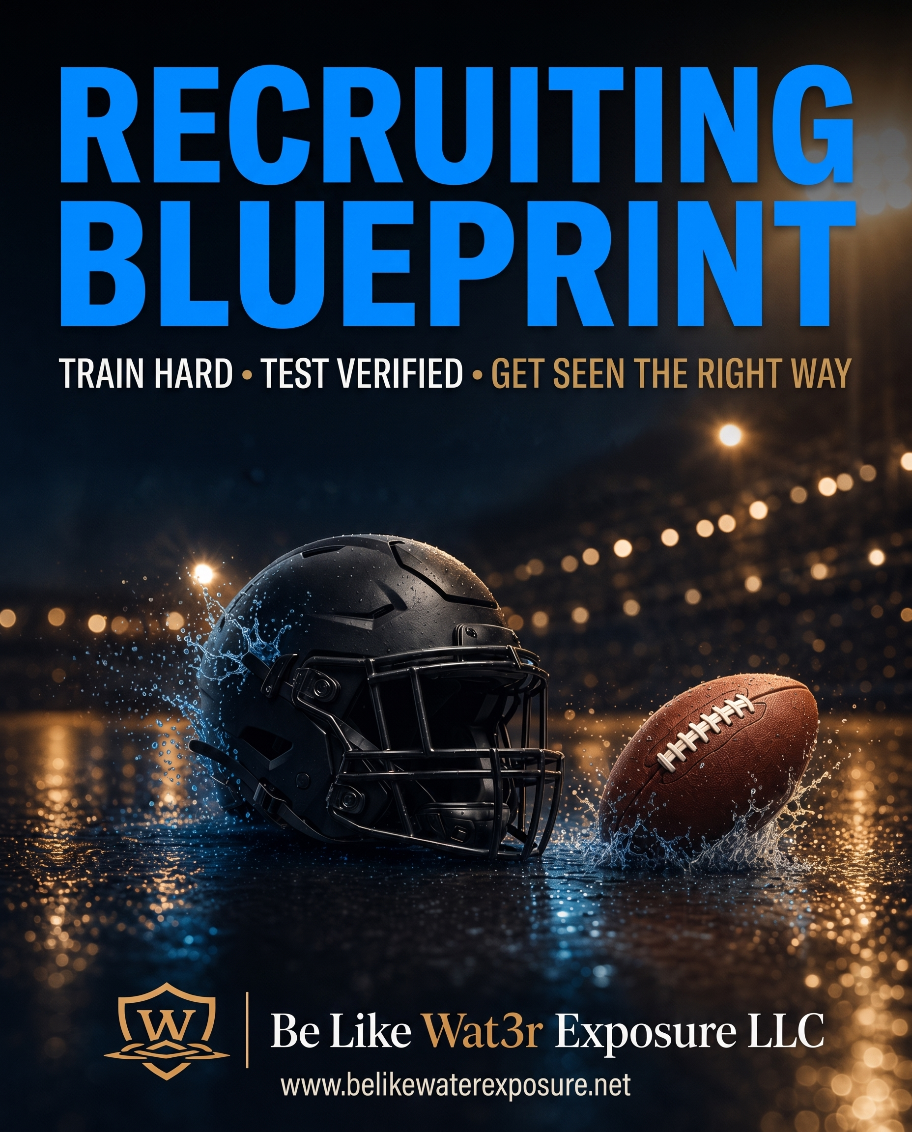 Recruiting blueprint poster with football helmet and ball in stadium rain