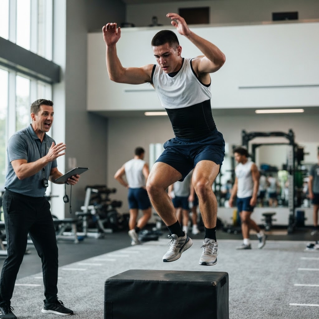 An athlete performs a box jump exercise in a gym with a coach observing.