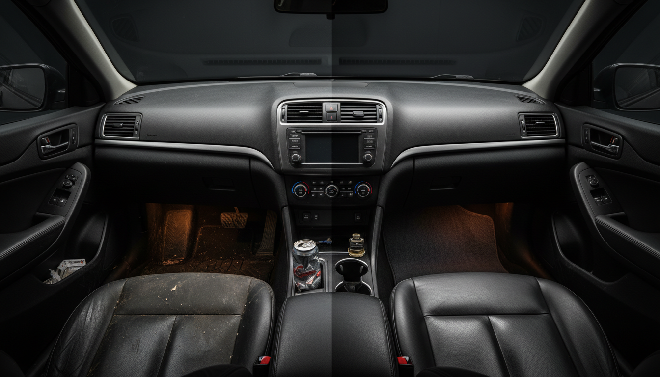 Before and after car interior detailing transformation