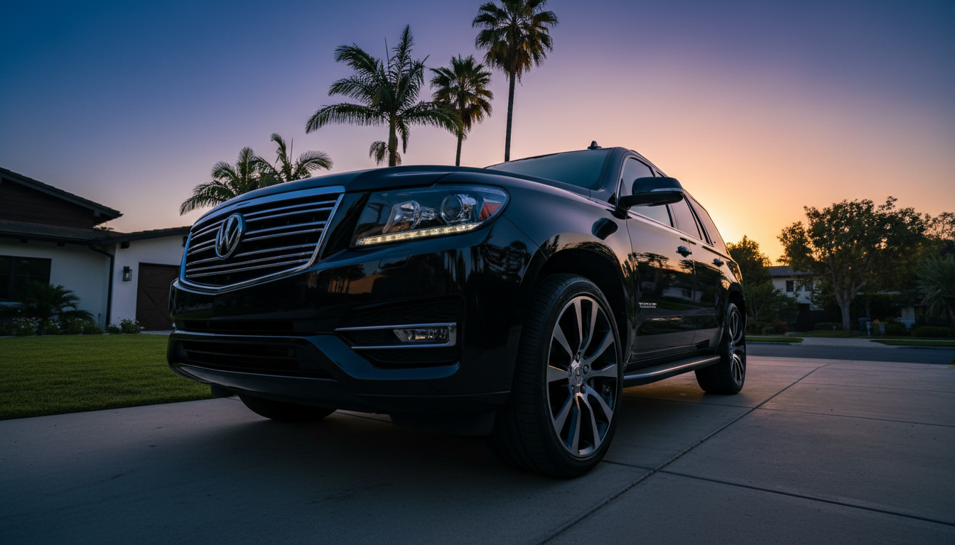 Mirror-finish luxury SUV freshly detailed in a West Los Angeles driveway at golden hour