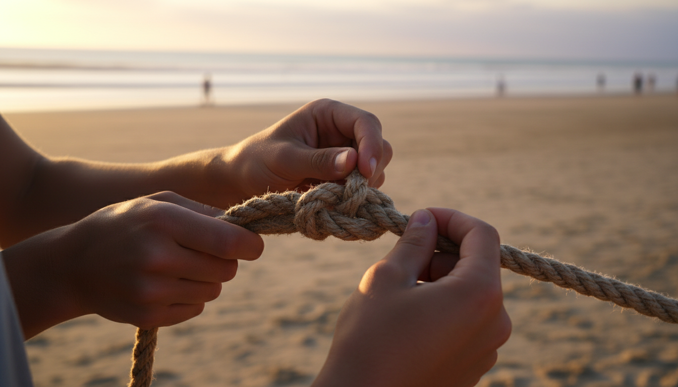 Teen learning to tie a fishing knot