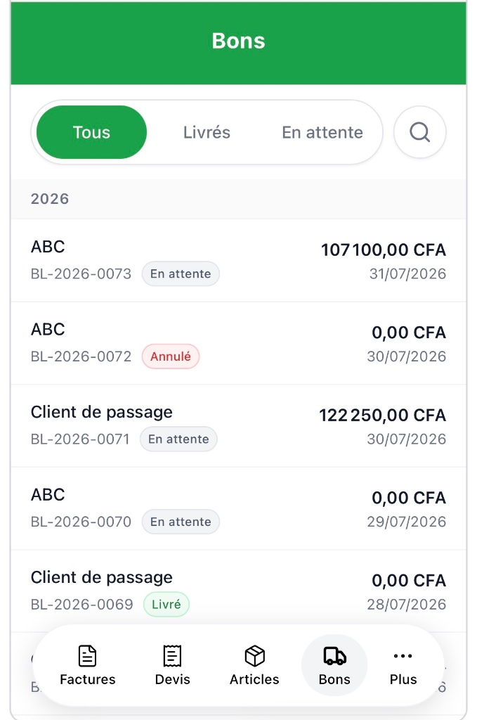 Bon généré