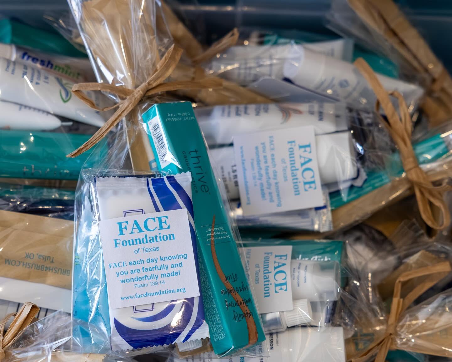 Close view of a completed FACE bag with hygiene and self-care products