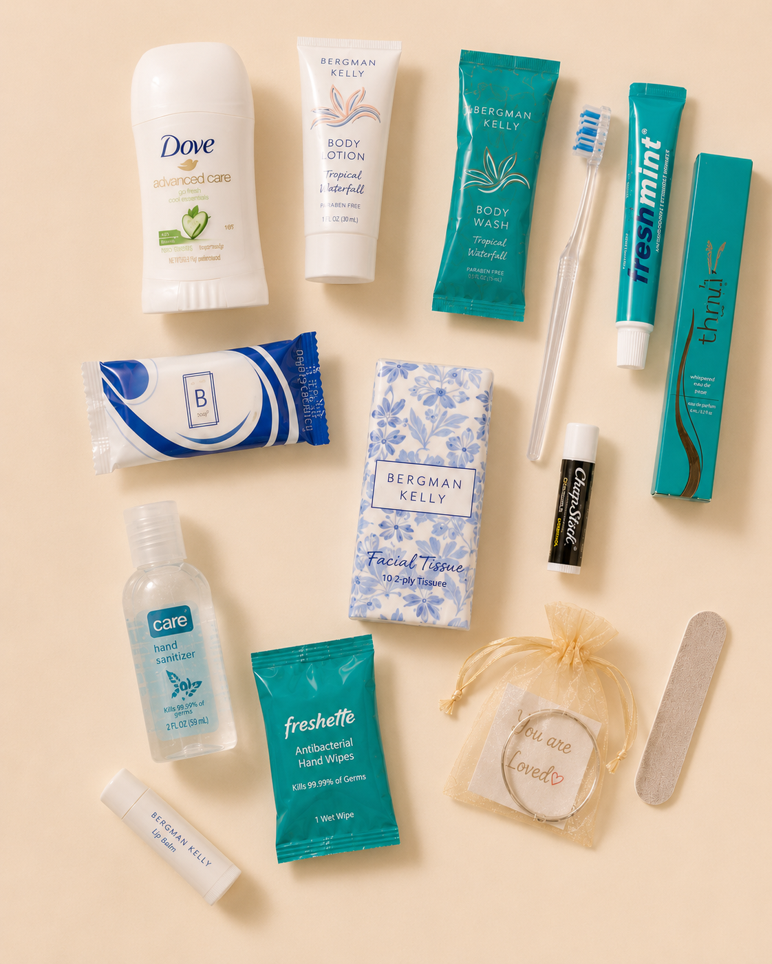 Overhead arrangement of personal-care products commonly included in a FACE bag.