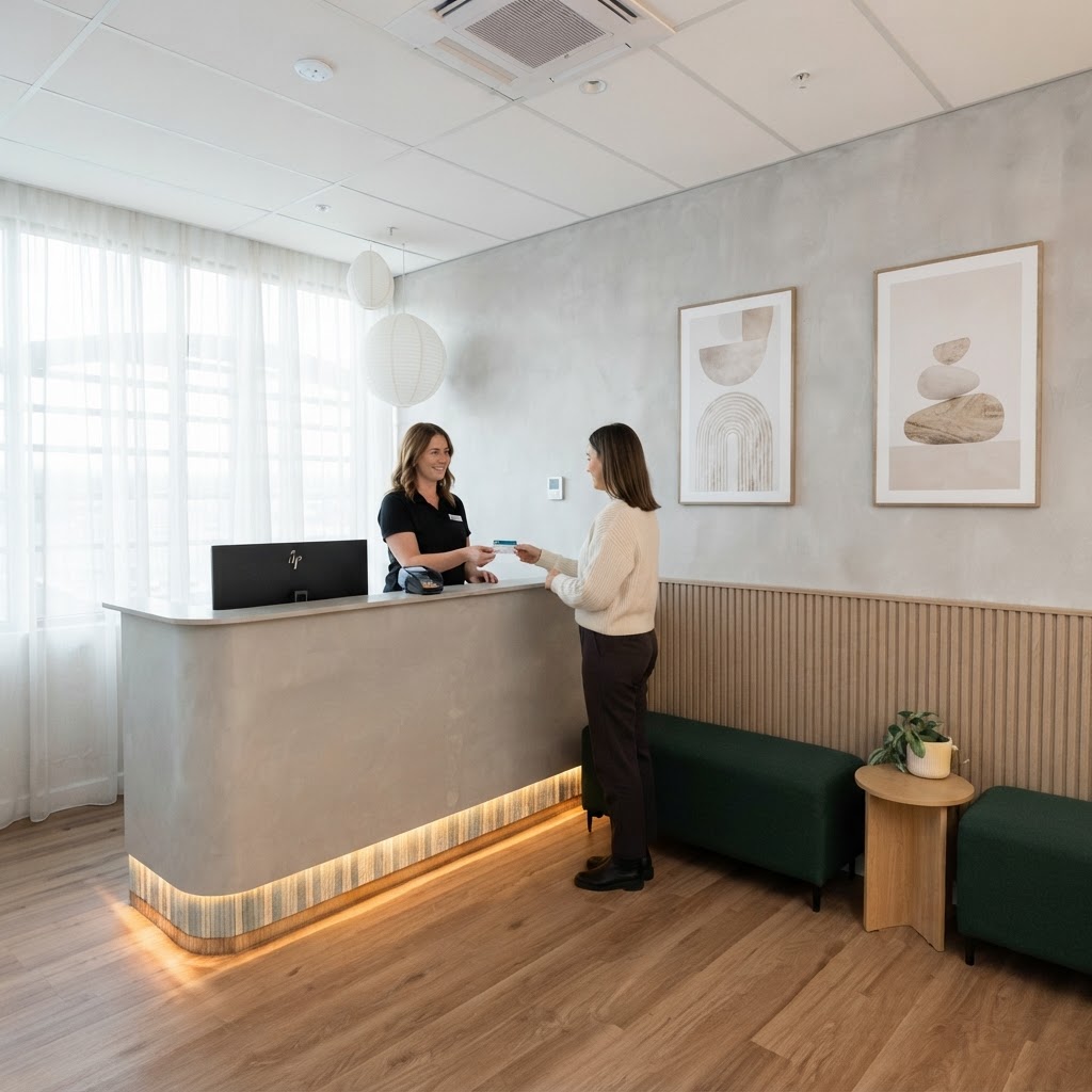 Patient claiming through health fund at the Watagan Park reception desk