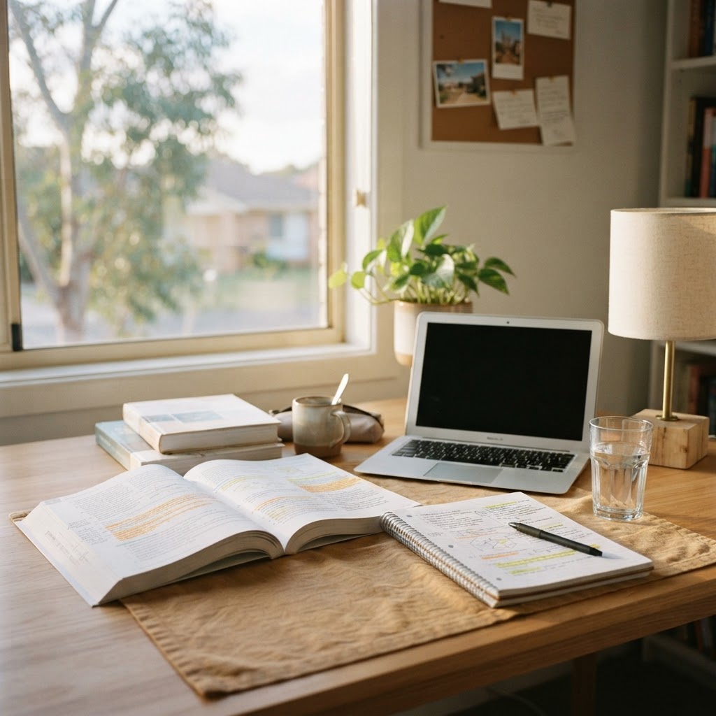 A tidy home study desk with open textbooks, a laptop, a glass of water and soft natural light