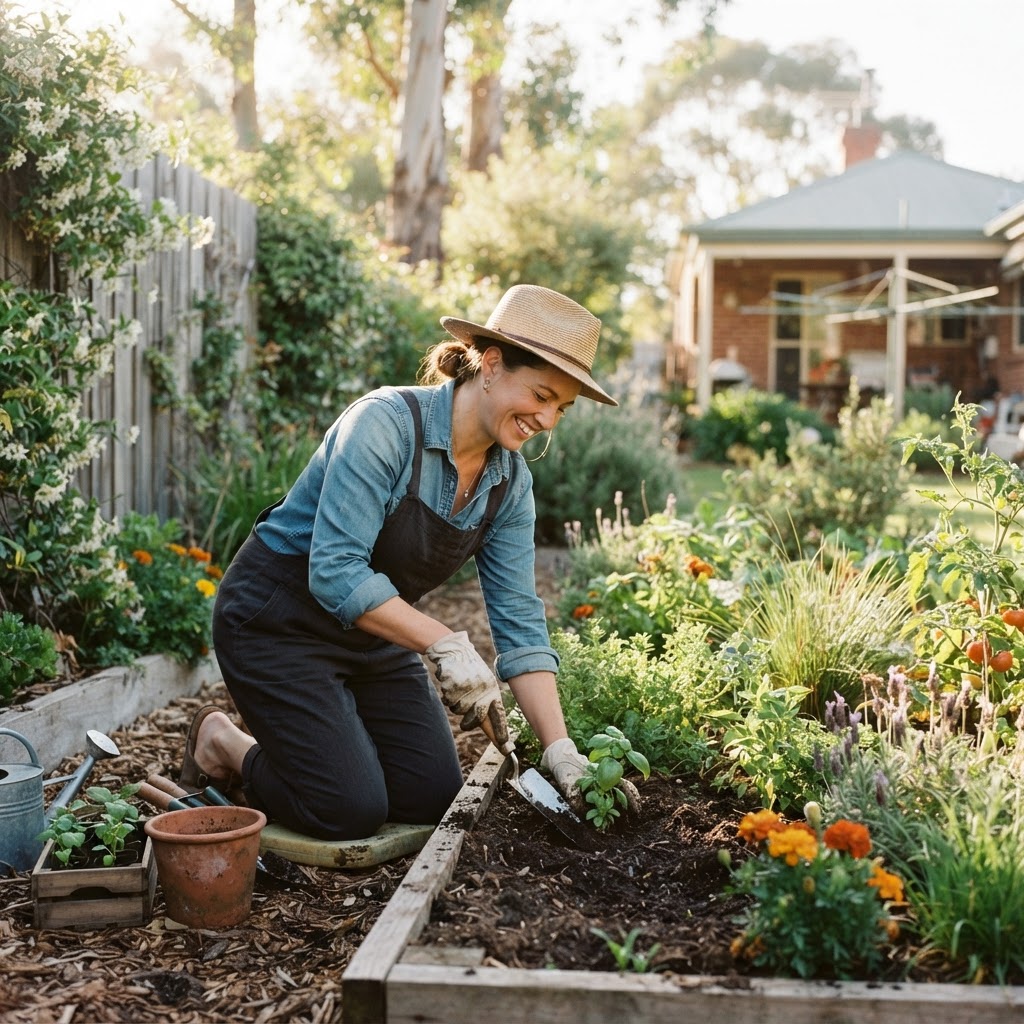 A gardener kneeling comfortably in a spring garden bed