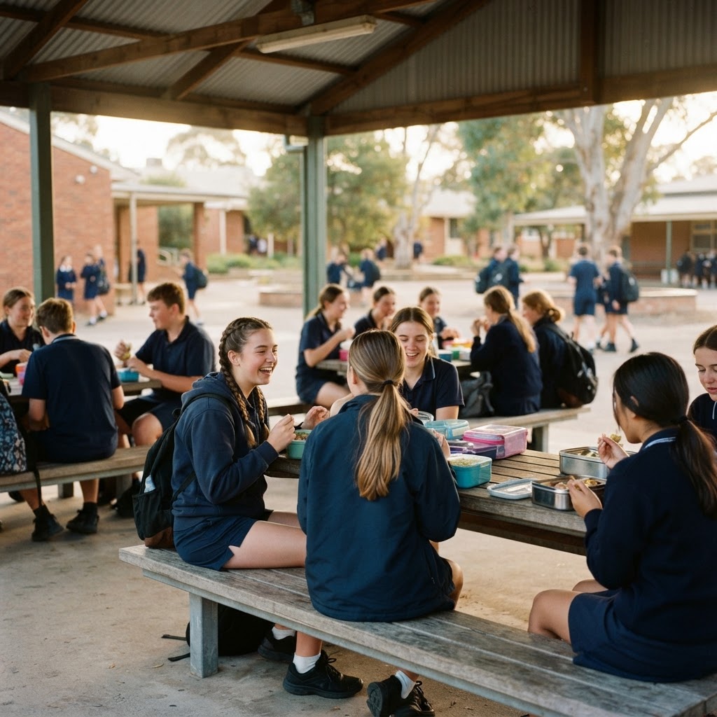 Students eating lunch together under a covered lunch shed in the schoolyard