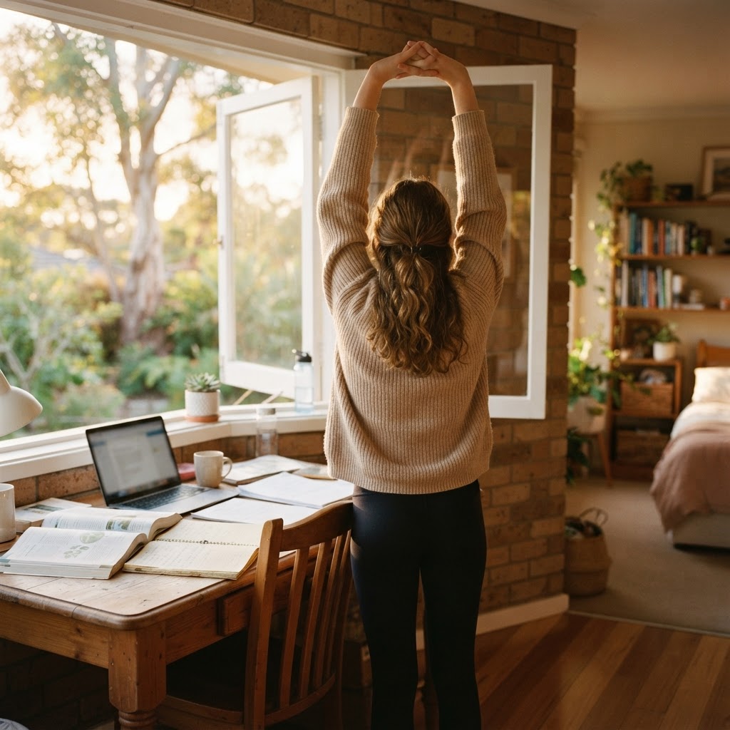 A student standing and stretching beside a desk by an open window during a study break