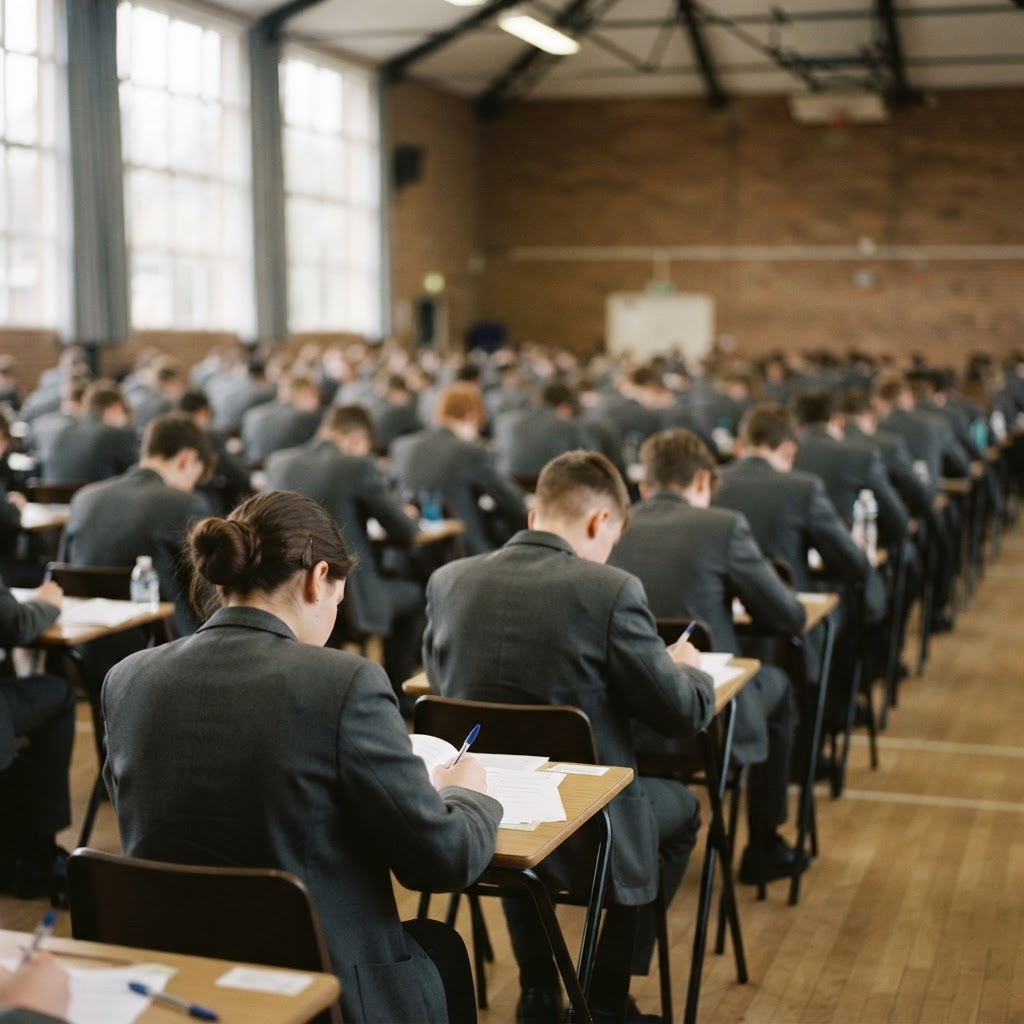 Senior school students sitting an exam at desks in a school hall