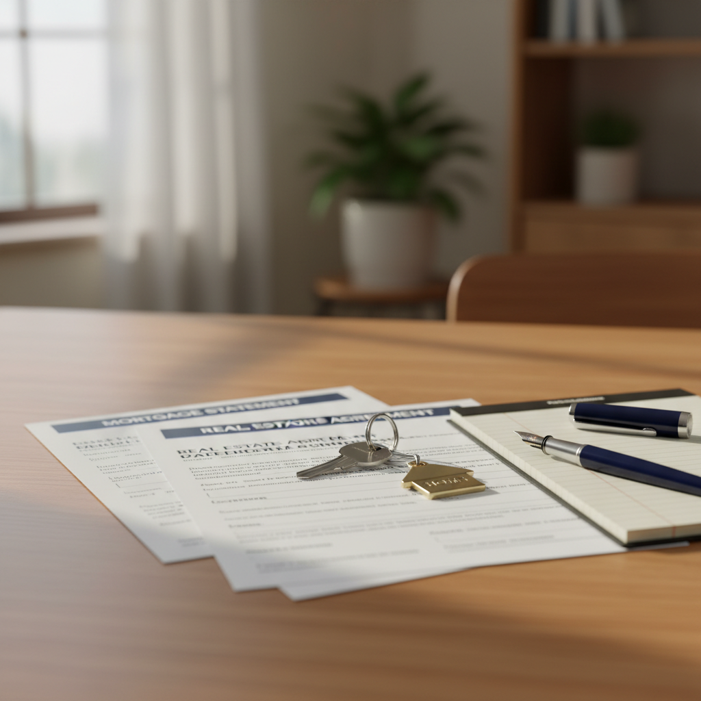 Residential documents, house keys, and pen on a table