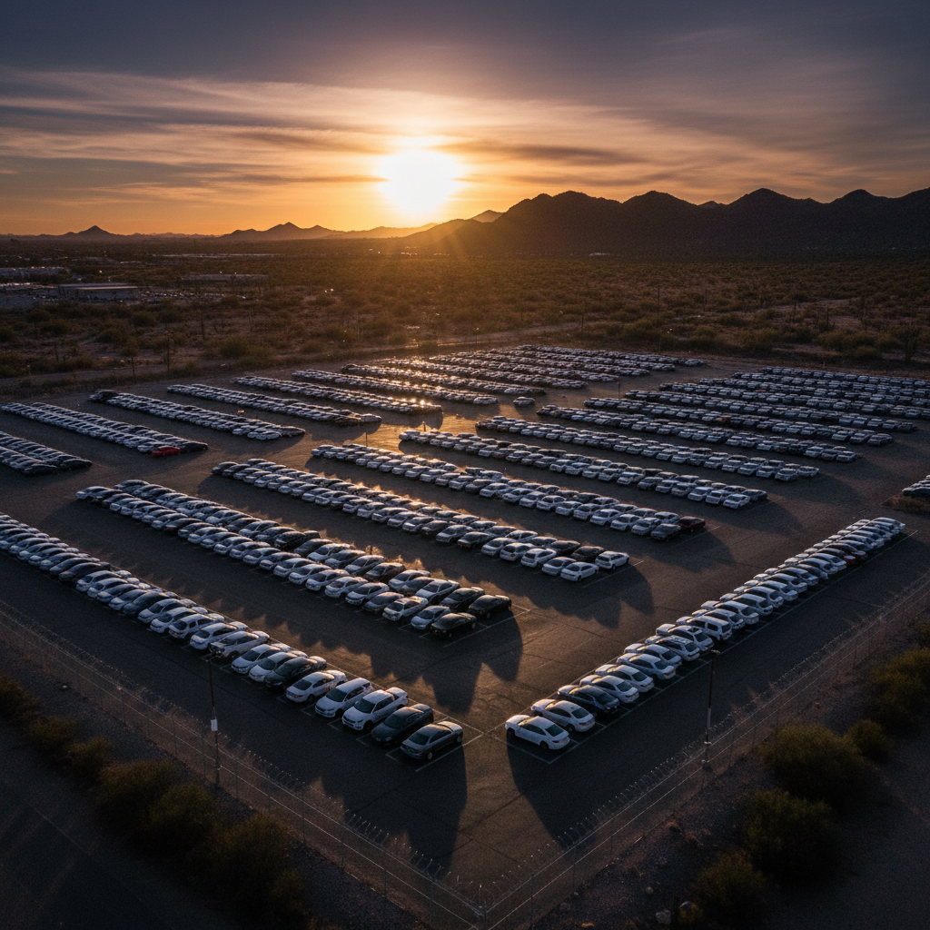Aerial view of automotive logistics facility at twilight
