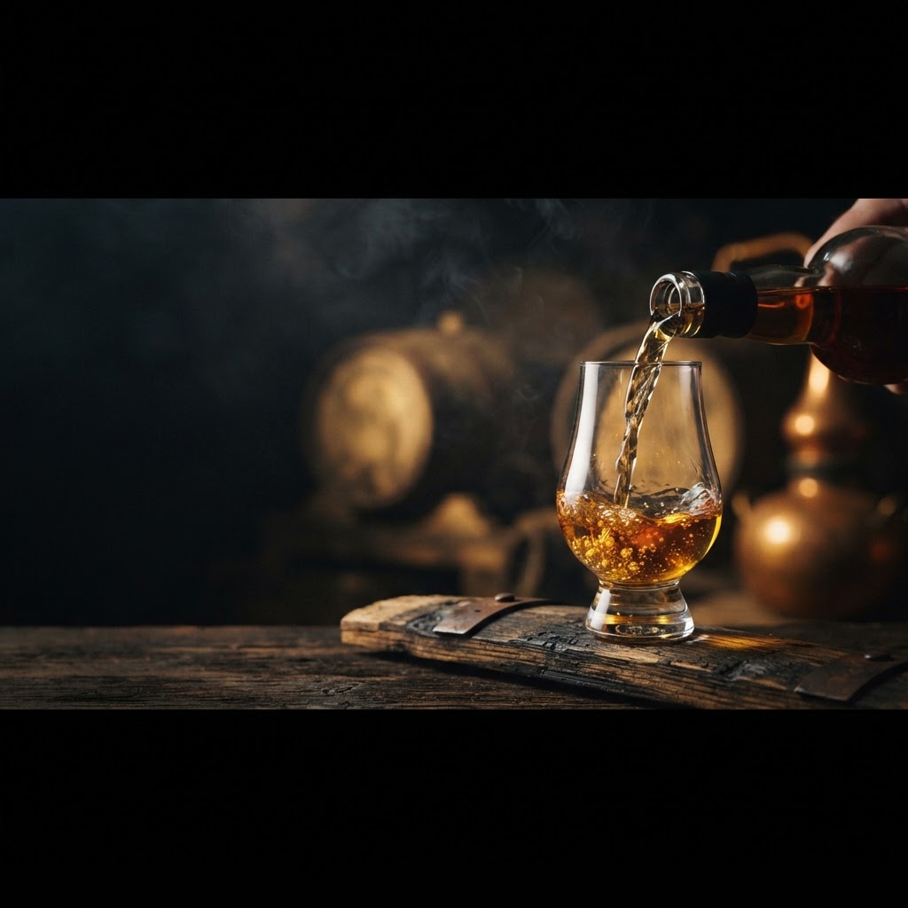 A glass of single malt whisky on an oak cask, lit by warm amber light