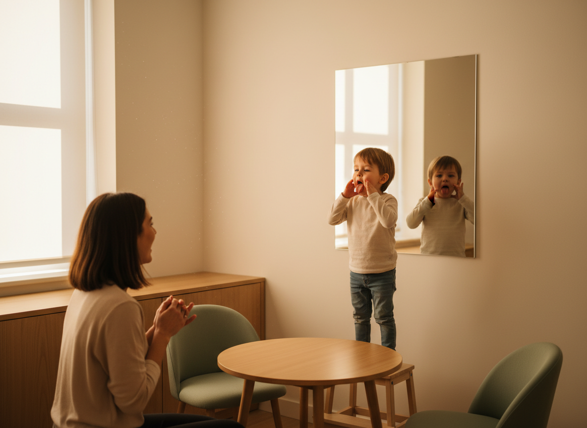 A therapist working with a child on speech exercises in a warm, naturally lit therapy room