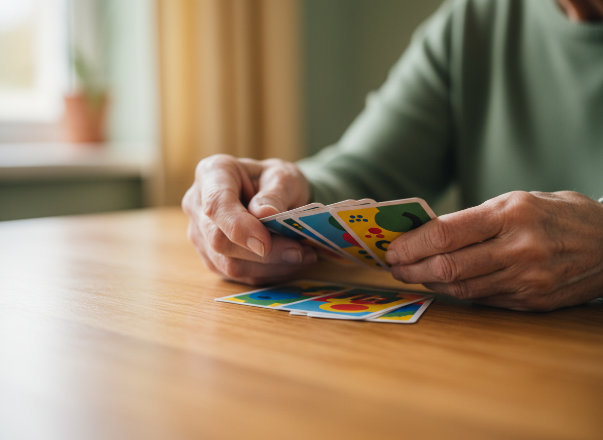 Close-up of hands holding colorful therapy cards on a wooden table during a cognitive rehabilitation session