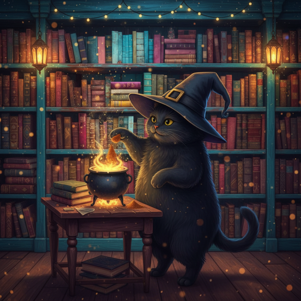 CinnaPaw — magical cat brewing potions in a bookstore
