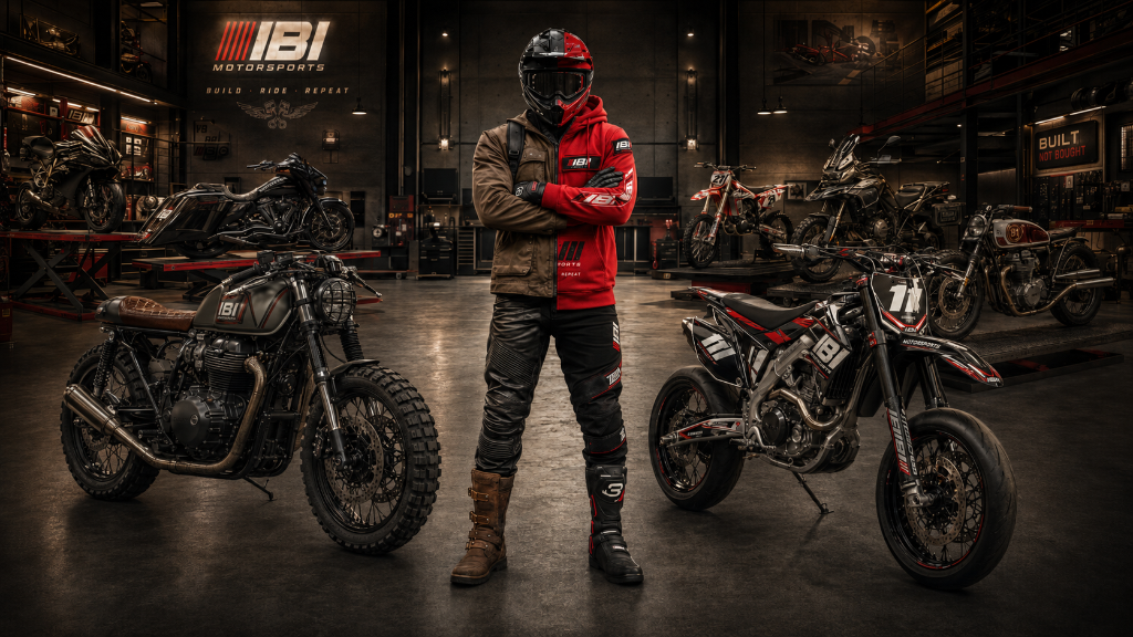 IBI Motorcycles founder in workshop surrounded by custom motorcycles
