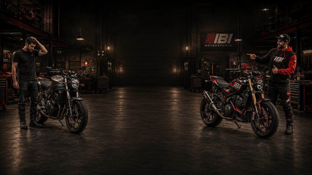 Stock motorcycle transforming into a custom build — supermoto, sportbike, and cafe racer transformation