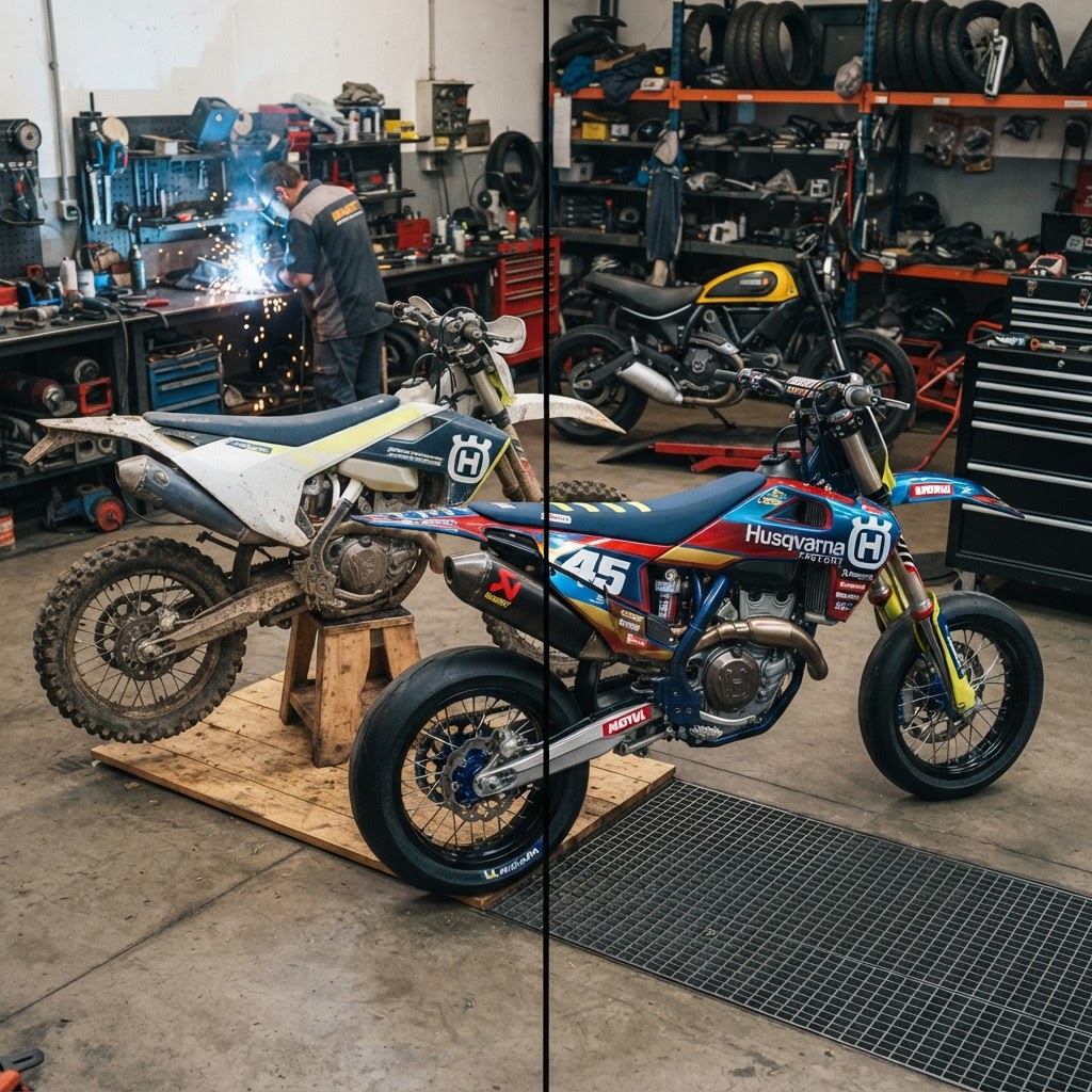 Fully custom colorful Husqvarna supermoto conversion — three quarter front view