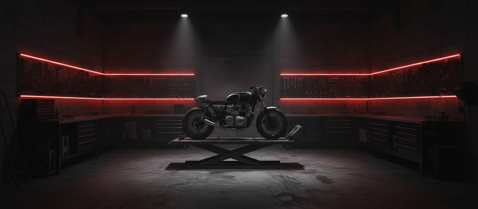 Dark motorcycle workshop with dramatic red accent lighting