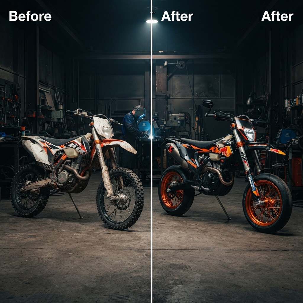 Stock dirt bike before and custom converted supermoto after — build transformation comparison