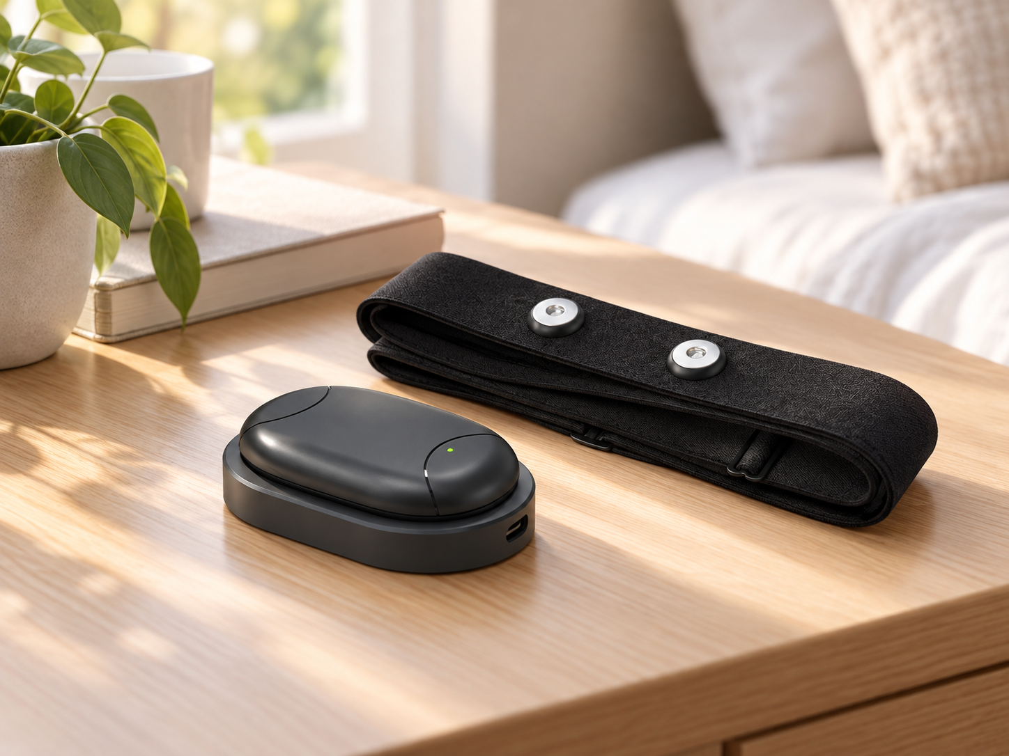 Echo by LightState chest strap, detachable sensor pod and charging dock on a morning-lit wooden table