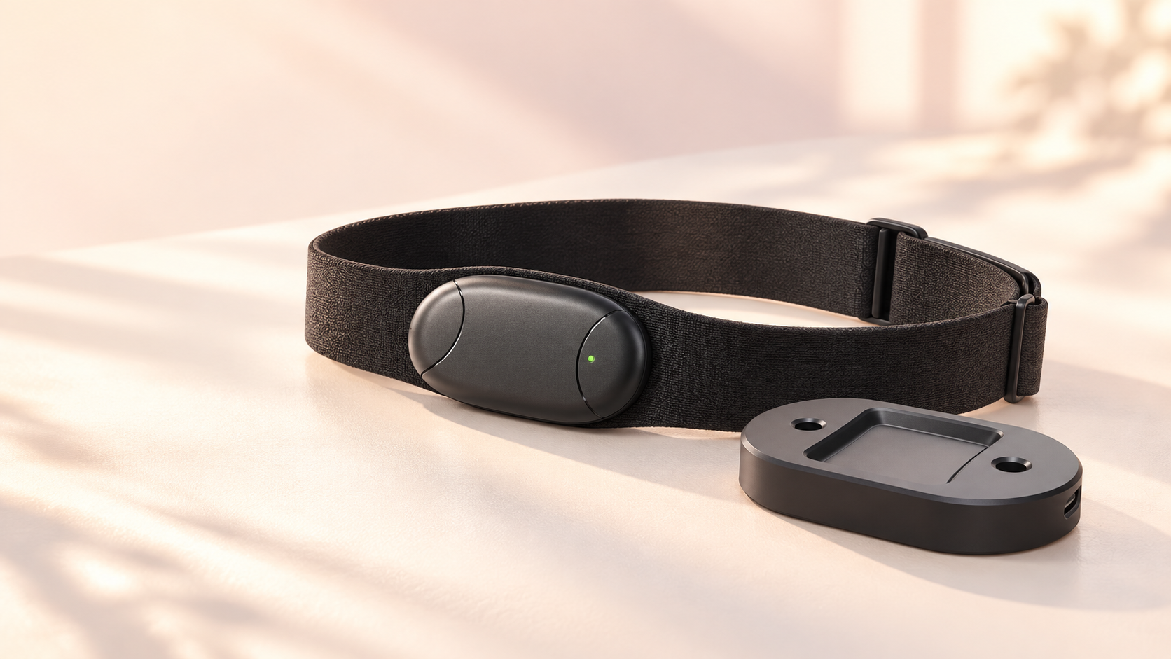 Echo band worn with the charging dock beside it in soft morning light