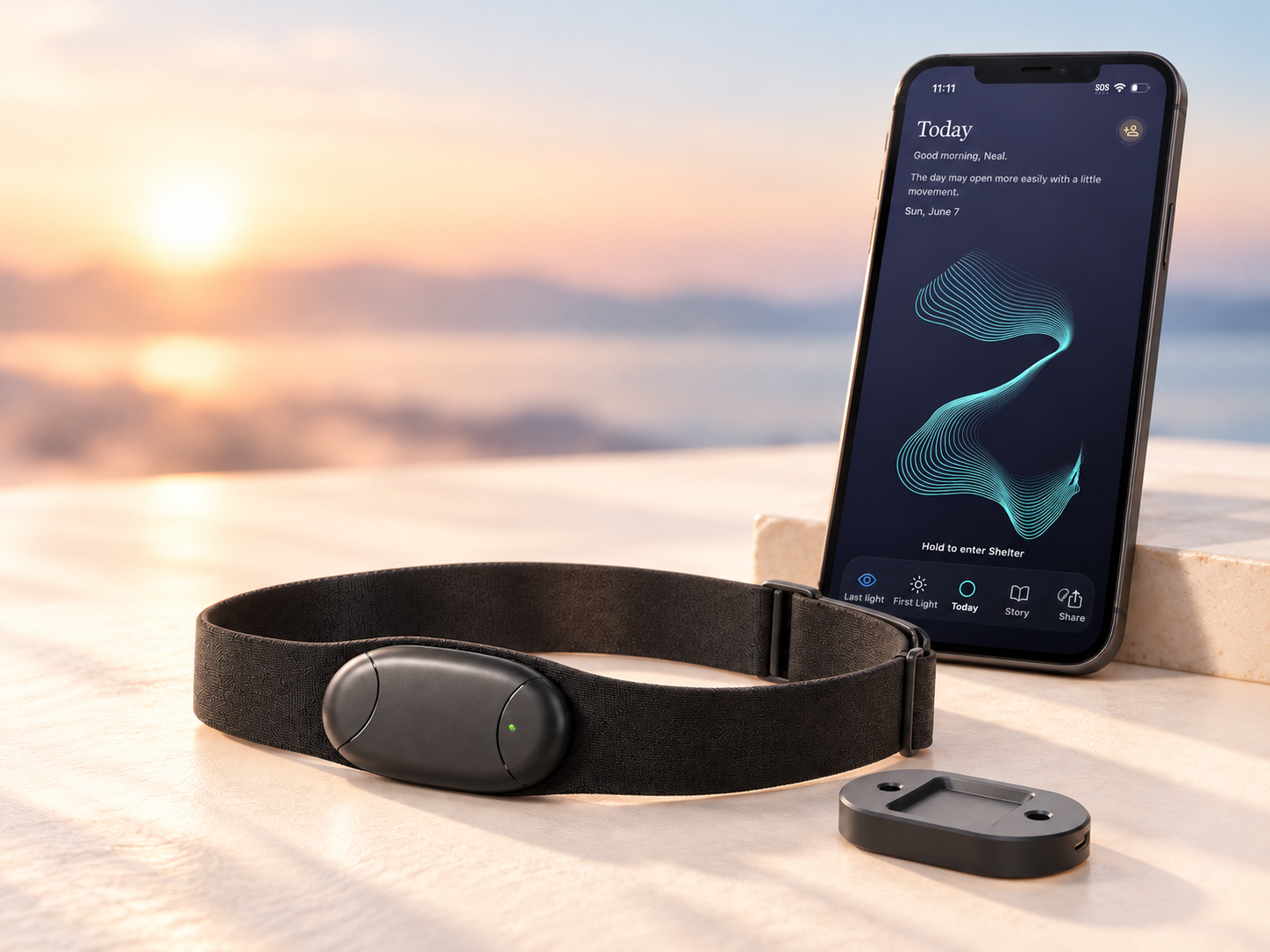 LightState Echo band and charging dock beside a phone showing the LightState app