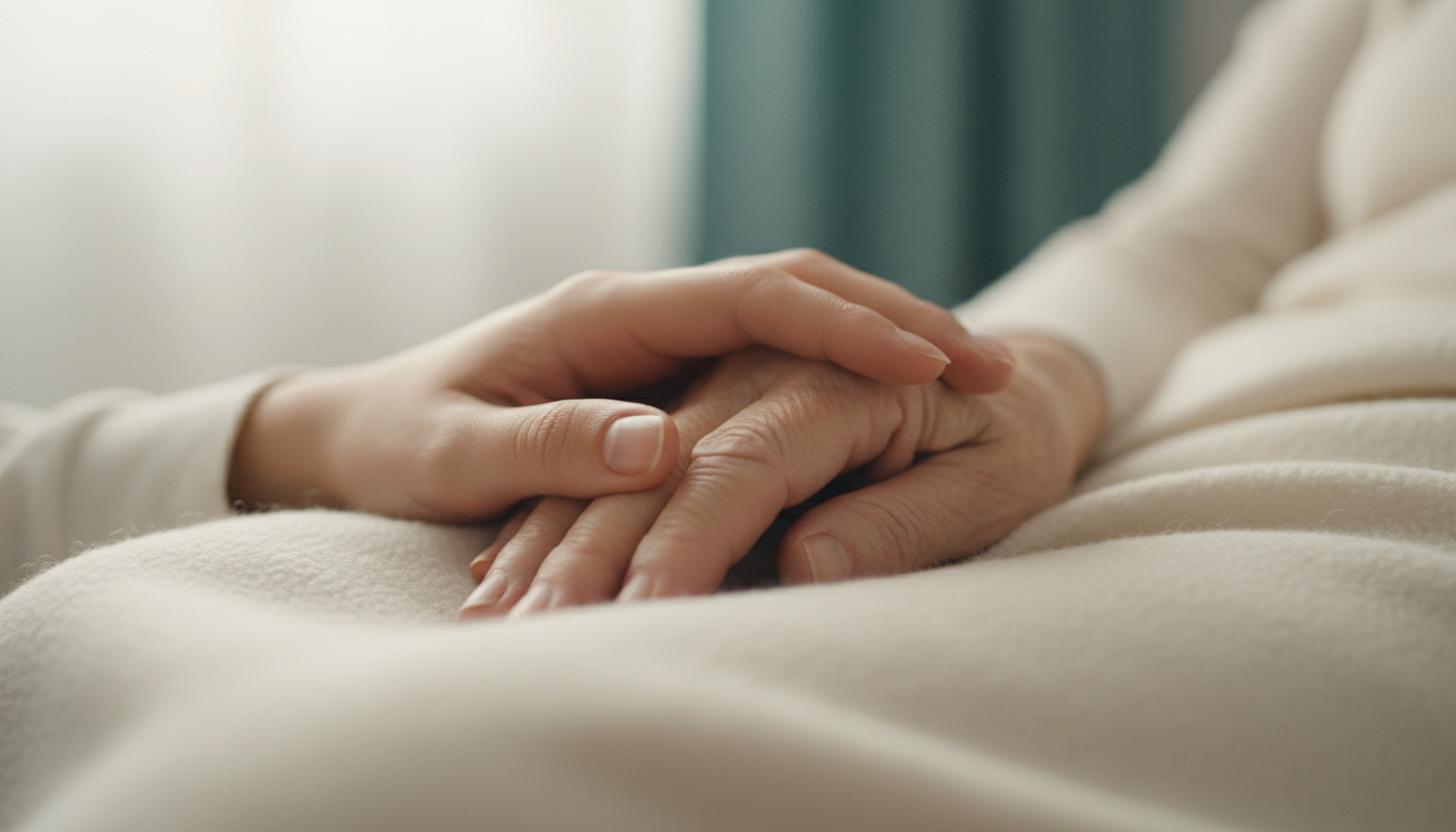 Caregiver's hand gently resting on an elderly person's hand, symbolizing trust and connection