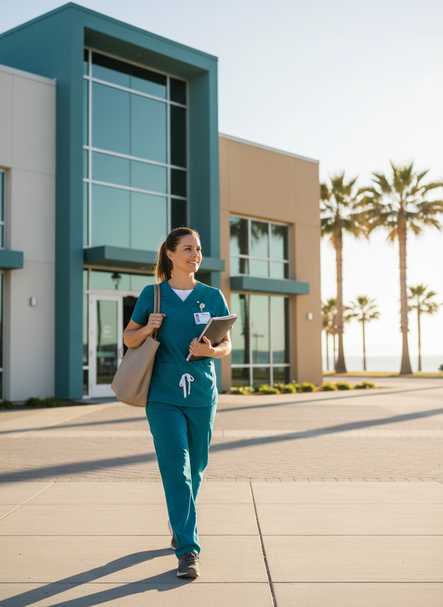 Confident woman walking toward a healthcare training facility on Florida's Treasure Coast