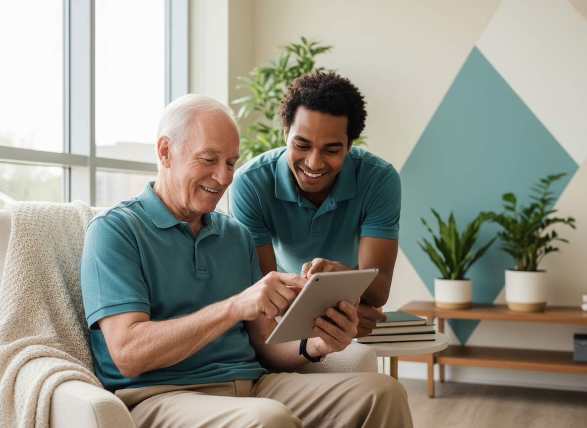 Elderly man and caregiver sharing a warm, dignified moment together in a bright care setting