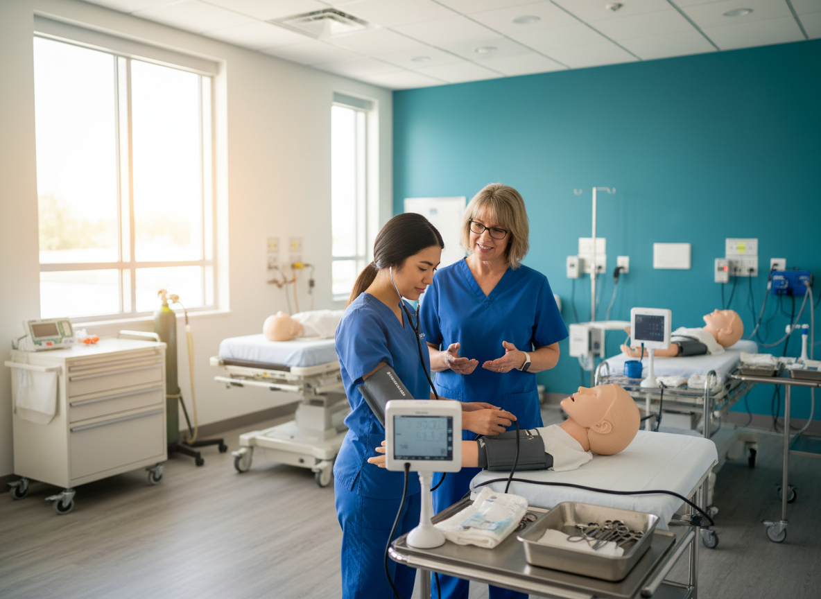 Student practicing healthcare skills in a modern training simulation room with mentor guidance