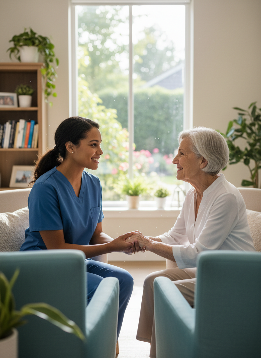 Caregiver sharing a warm moment with an elderly woman in a bright care facility