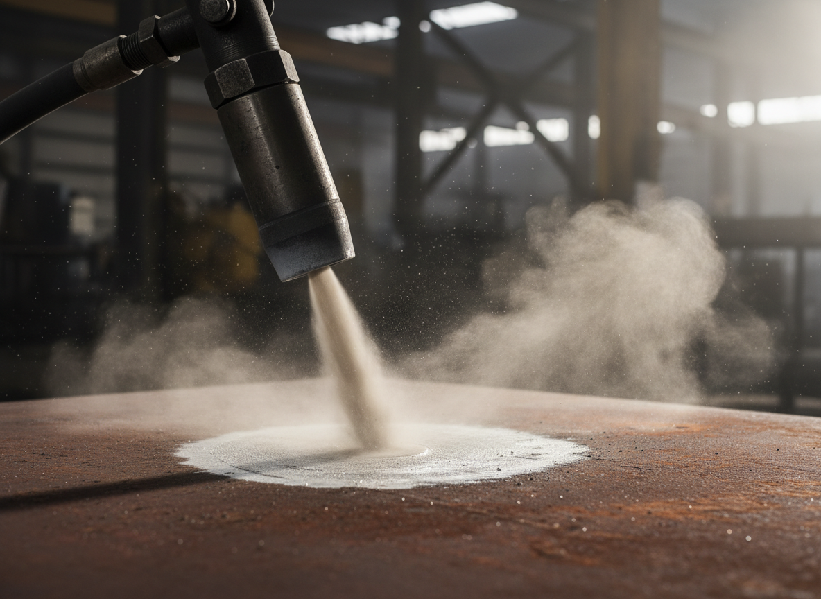 Sandblasting nozzle blasting a metal surface