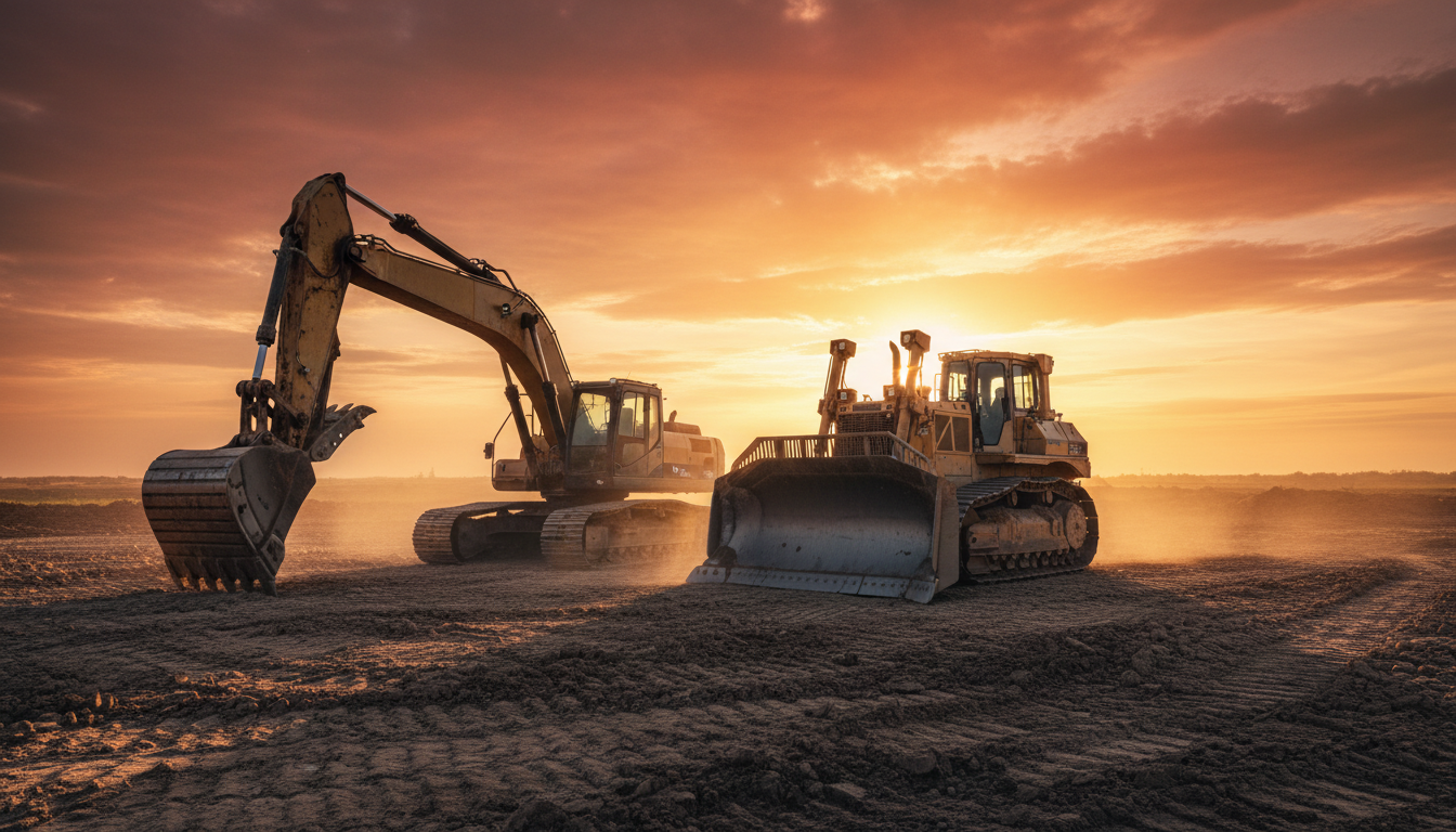 Heavy equipment on a site work project at golden hour