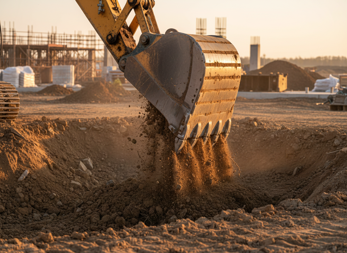 Excavator bucket digging into raw earth for site work