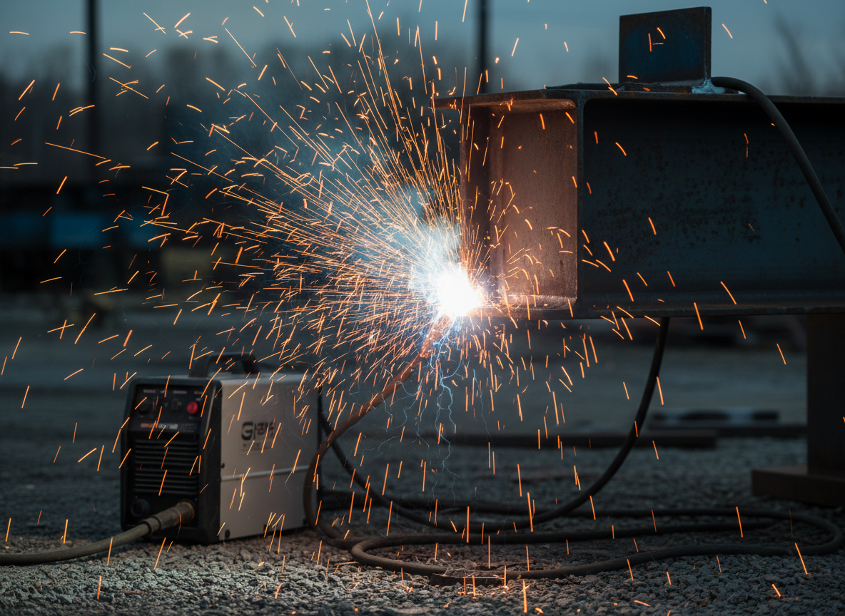 Welding sparks on metal during outdoor mobile welding