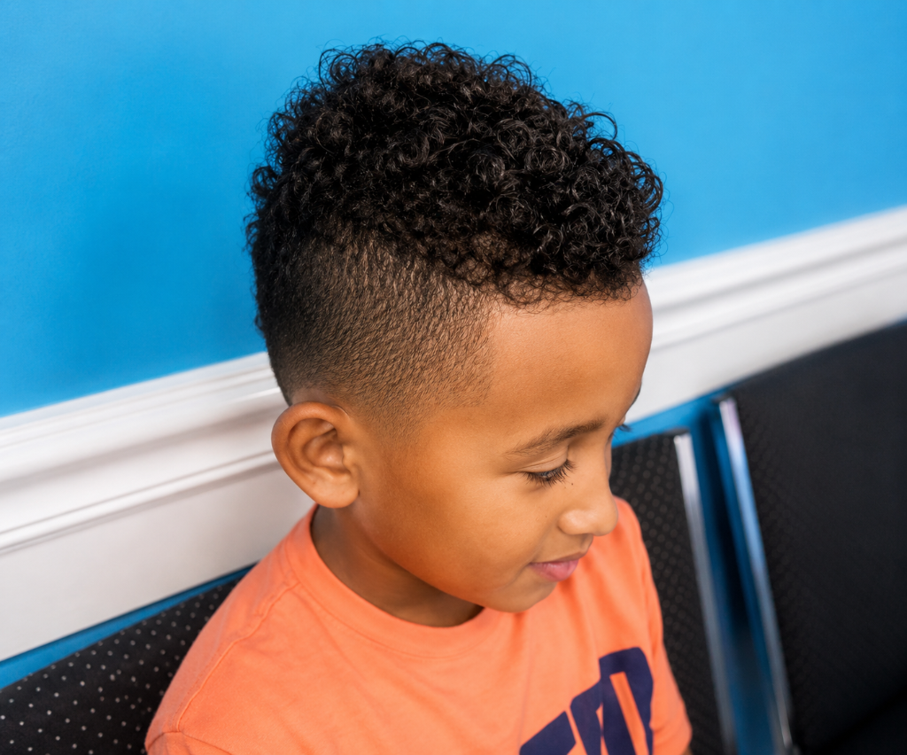 Boy with curly mohawk and skin fade
