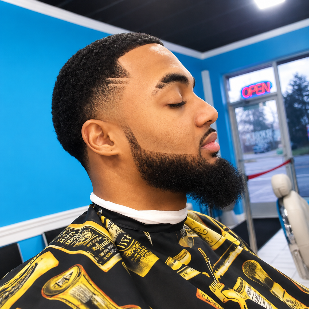 Man with beard and taper in blue studio