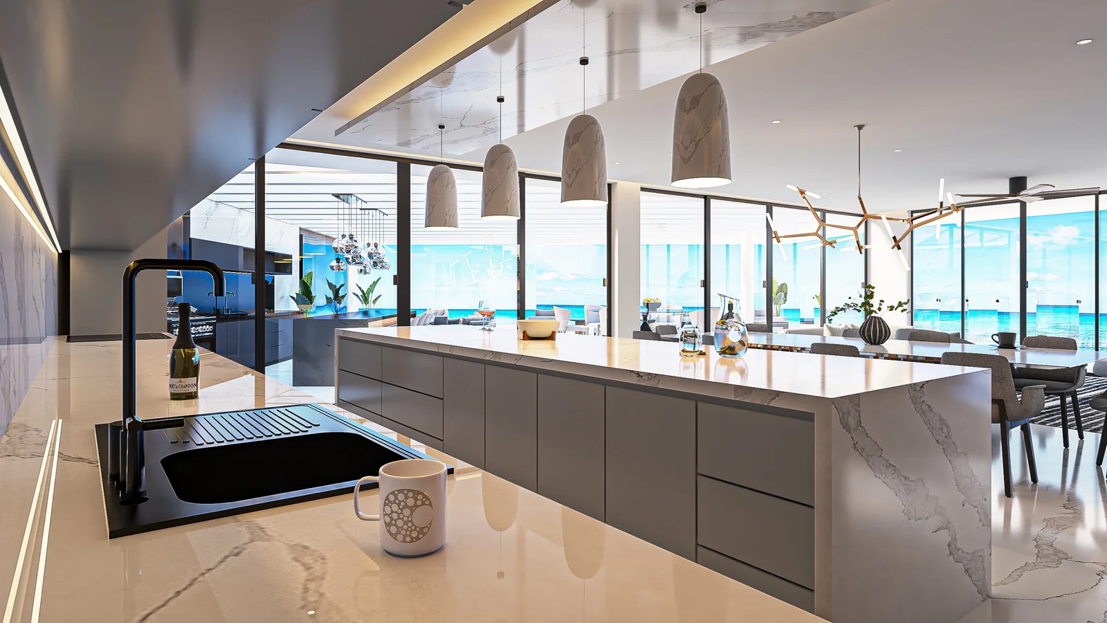 Cocina con isla, vista del fregadero del penthouse Midnight, Nova Bay, Tankah, Tulum