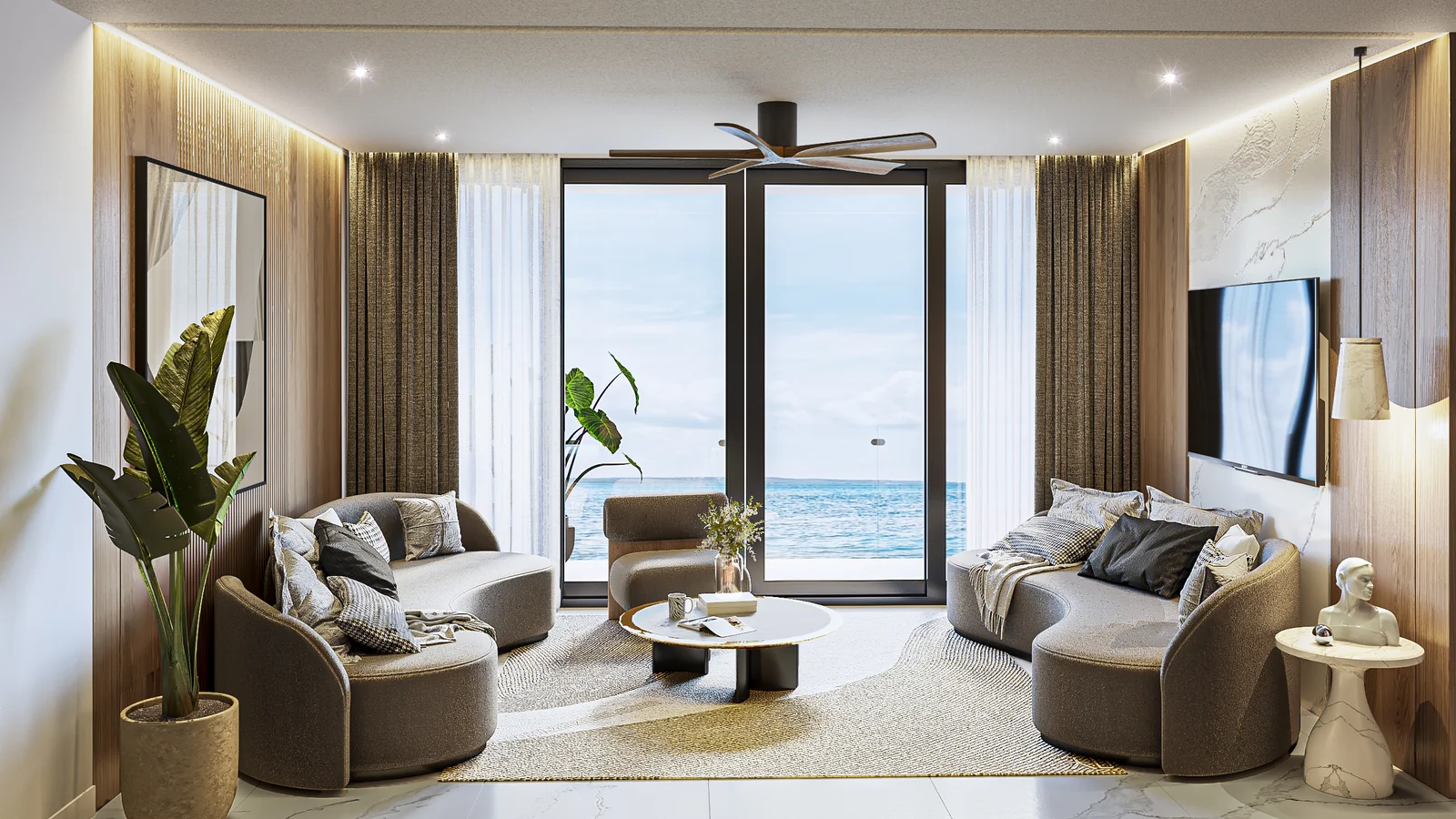 Sala con vista al mar del penthouse Midnight, Nova Bay, Tankah, Tulum