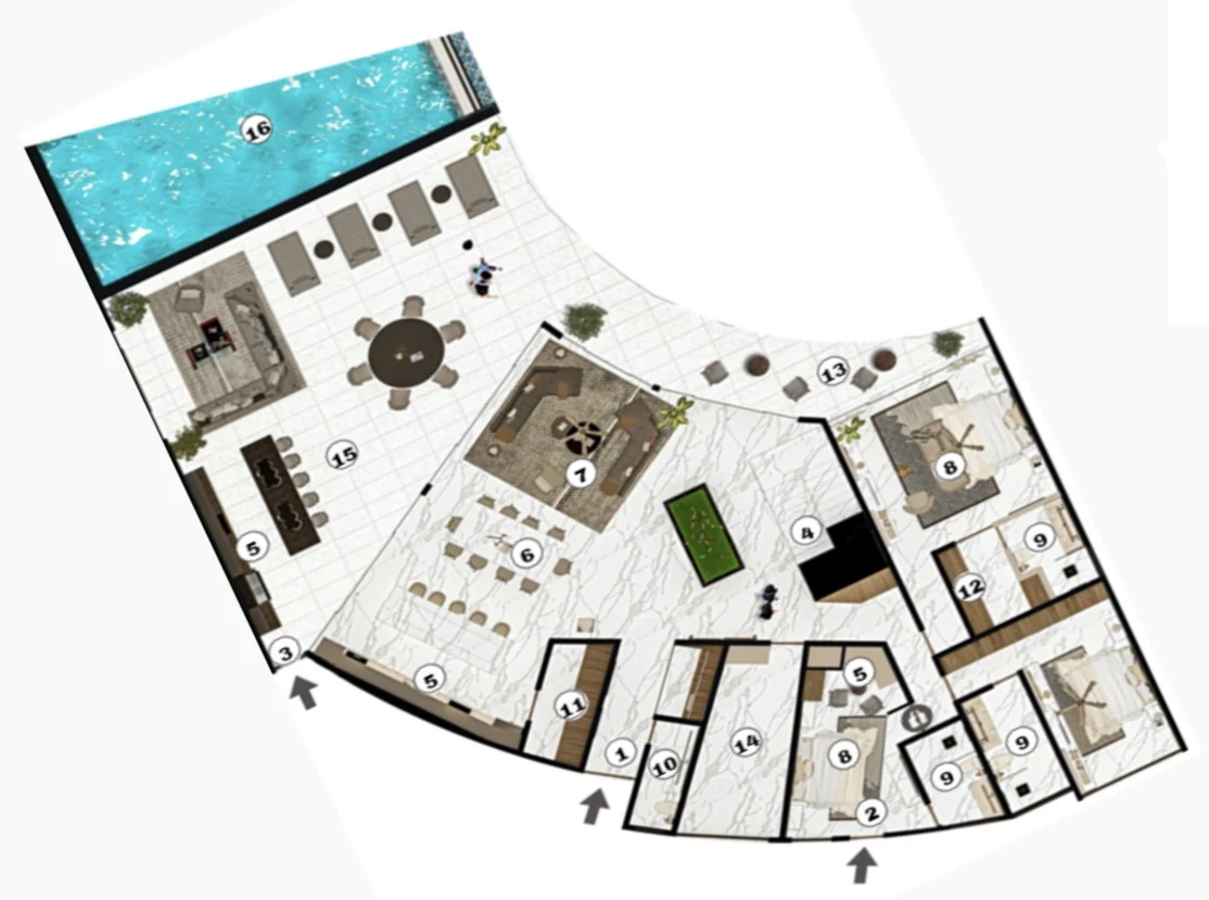 Plano 3D, primer nivel del penthouse Midnight, Nova Bay, Tankah, Tulum