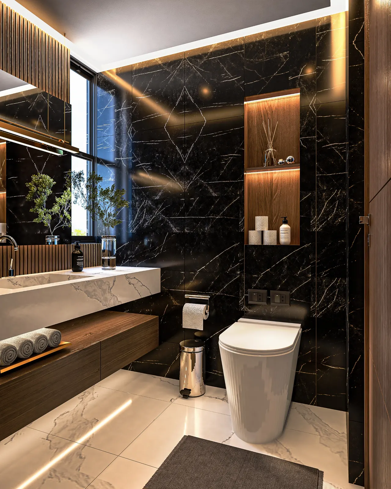 Baño en tonos negros de la residencia Ocean, Nova Bay, Tankah, Tulum