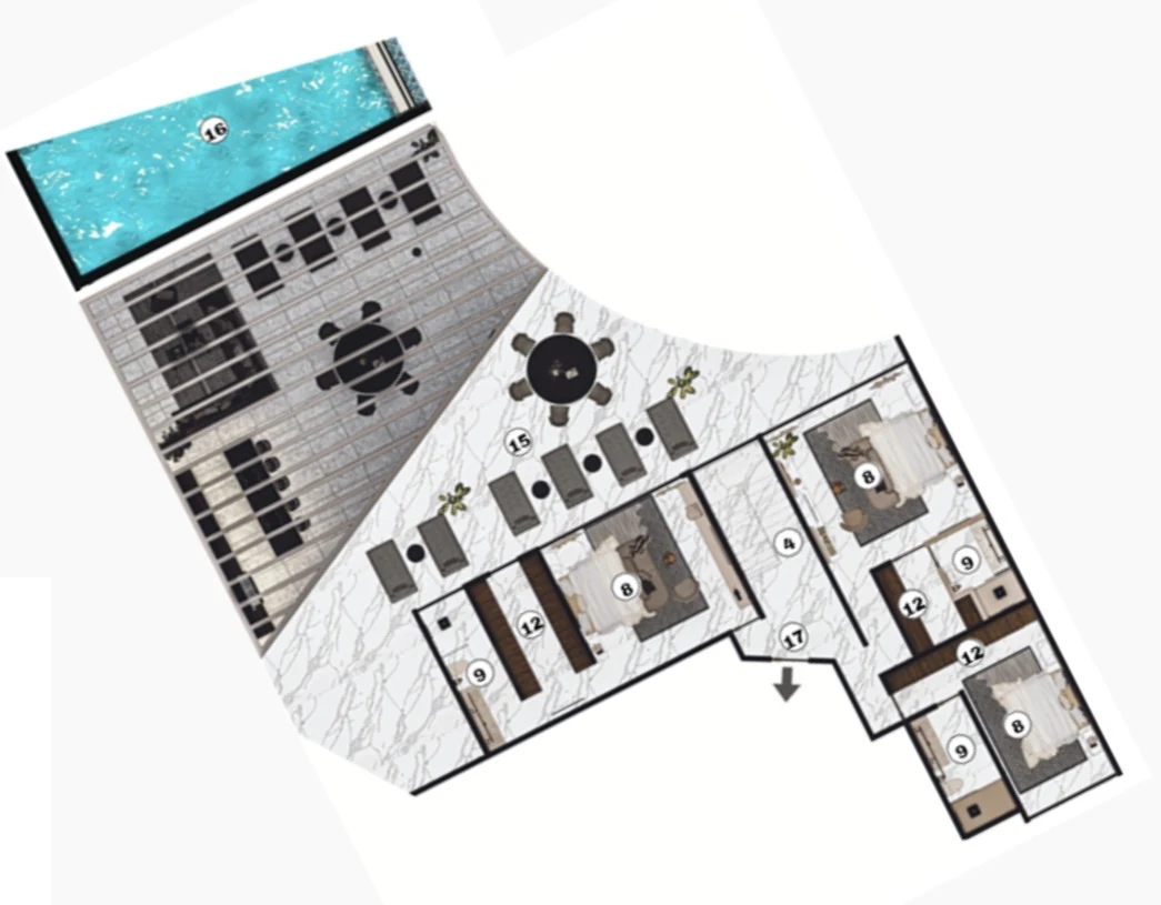Plano 3D, segundo nivel del penthouse Midnight, Nova Bay, Tankah, Tulum