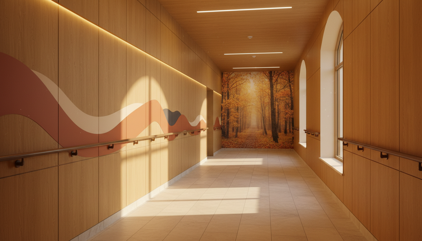 Corridor interior with environmental graphics, wayfinding signage, and decorative wall murals in a care facility